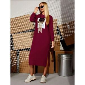 Ladies Burgundy Leopard Bow Front Figure Graphic Hoodie Sweater Dress